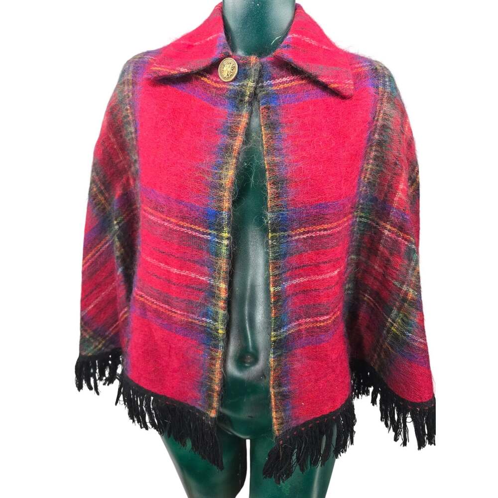 VTG 60s Rannoch Designs Scotland Mohair Wool Plaid Fringe Cape Cottagecore RL